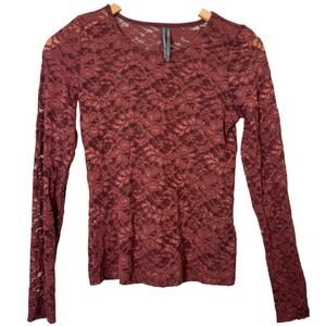 Anthropologie Womens Top XXS Lace Long Sleeve Stretchy Burnt Orange Floral Sheer